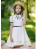 Ivory Cotton Flower Girl Dress With Navy Blue Ribbon